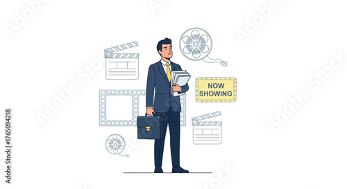 Movie producer, film industry professional surrounded by movie elements