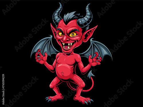 Cartoon devil mascot. Evil red Satan. Vector illustration of devil for sticker, t-shirt, poster, banner, greeting card, clipart. Halloween cartoon character. Demon. Demonic entity scary character