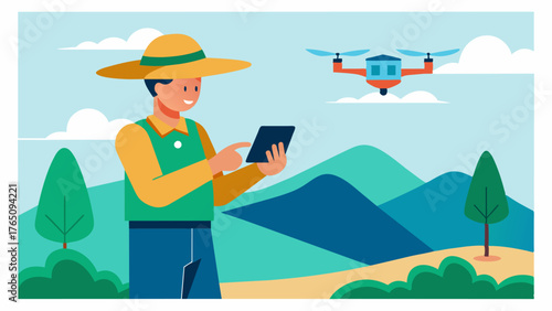 A farmer using a drone to map a new irrigation system for his land analyzing topography and soil composition to create a customized plan for optimal irrigation.. Vector illustration