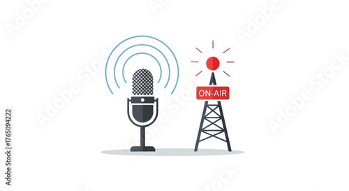 Modern illustration of microphone with radio tower broadcasting a signal