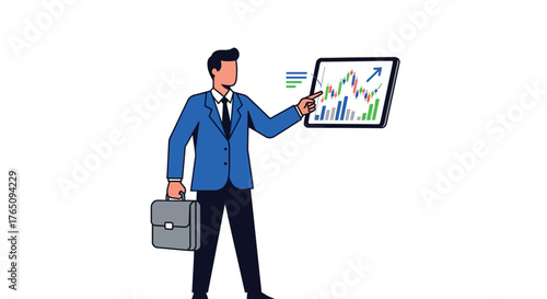 Businessman presenting stock market data on digital screen with briefcase