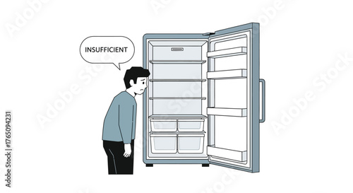 Inadequate Stock: Man Disappointed by Emptiness of Refrigerator Content