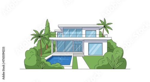 Modern home with swimming pool and garden, ideal for luxurious living