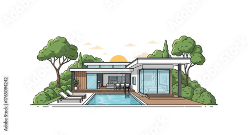 Modern villa with swimming pool surrounded by greenery for serene living