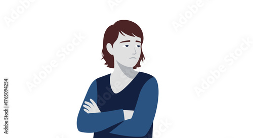 Woman expressing sadness with arms crossed in conceptual vector style