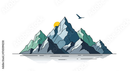 Stylized mountain range with soaring bird and sunburst illustration