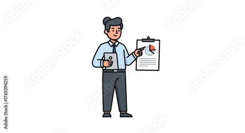 Animated character presenting business data with chart and tablet concept