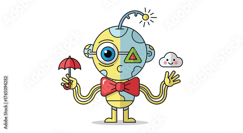 Whimsical weather robot character illustration with umbrella and cloud