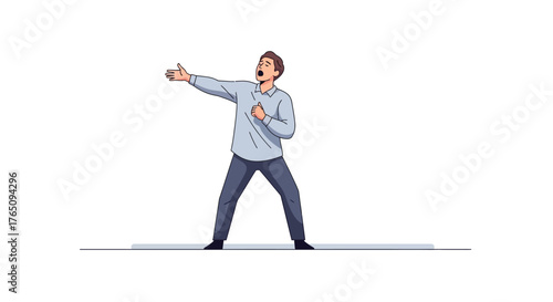 Expressive cartoon man dramatically singing with arm outstretched motion