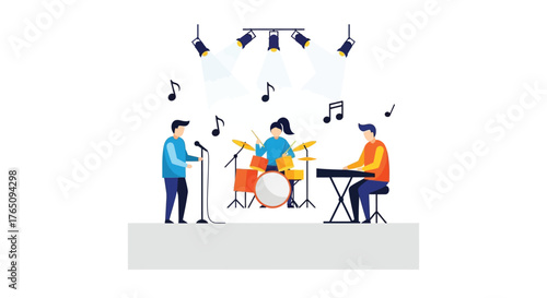 A Colorful Musical Band Performing Live on Stage Under Spotlights Illustration