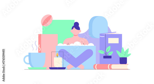 Embrace serene self care with a warm candle, soothing bath, and calming coffee, creating ultimate relaxation and mental wellness.