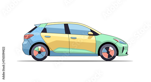 Vibrant, modern hatchback car design showcasing unique, colorful panel sections and stylish wheel accents, perfect for automotive concepts.