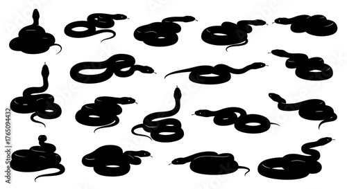 Dynamic collection of black snake silhouettes in various coiled and striking poses, perfect for graphic design and wildlife themes.