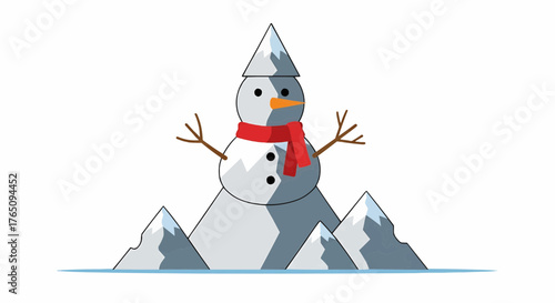 Christmas snowman with scarf and carrot nose standing on snowy mountains in a cartoon style illustration
