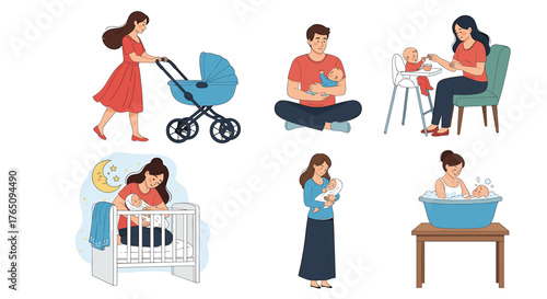 Loving parents nurture newborns through feeding, bathing, and bedtime, capturing precious family moments and tender care.