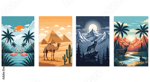 Vibrant animal and landscape collections showcasing diverse global habitats, from tropical shores to arid deserts and snowy peaks, offering visual storytelling.