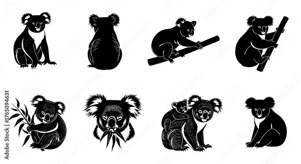 Obraz premium Adorable koala illustrations capture playful poses and mother-child bond, perfect for charming designs and wildlife themes