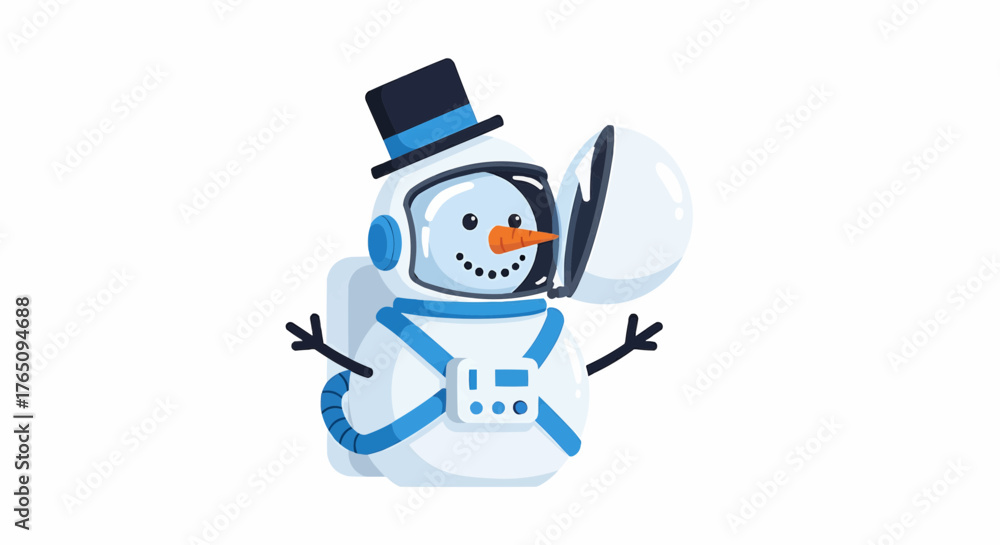 Fototapeta premium Christmas illustration of a snowman dressed as an astronaut with a top hat on a white background scene