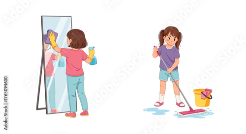 Energetic children happily cleaning home, one wipes mirror with spray, other mops floor, promoting chores and responsibility