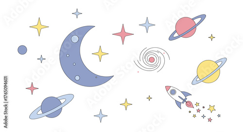 Whimsical space adventure with cute planets, stars, and a playful rocket soaring through the cosmos