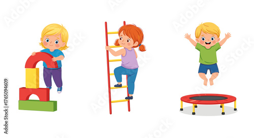 Joyful children actively playing and learning with building blocks, climbing a ladder, and bouncing on a trampoline, embodying healthy childhood development and fun.