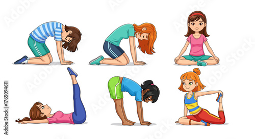 Diverse group of cheerful girls practicing various yoga poses, promoting health and wellness for children in a fun, active learning environment.