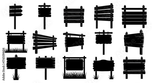 Versatile collection of rustic wooden signposts and billboards for directional guidance, announcements, and creative project inspiration