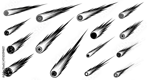Dynamic collection of stylized comets and meteors streaking across a blank canvas, perfect for cosmic, space, or science themes.