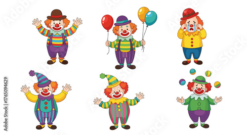 Joyful clowns spread cheer with balloons and juggling, capturing playful celebration and whimsical entertainment for festive events