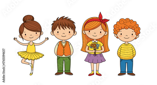 Diverse group of happy children dressed as a ballerina, student, and artist holding flowers, radiating joy and creativity for educational projects.