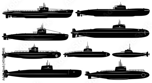 Dynamic collection of diverse submarine silhouettes showcasing naval power and underwater exploration for impactful design projects