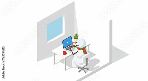 Christmas isometric view of a snowman working on a laptop at a desk in an office with a window and a plant