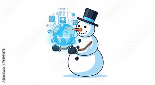 Christmas snowman holding a globe with digital icons and binary code floating around it in a cartoon style
