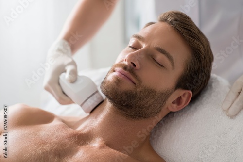 A serene, close-up captures a handsome man with a beard, eyes closed in calm relaxation, as he receives a professional aesthetic treatment on his neck and jawline. A practitioner, wearing sterile glov
