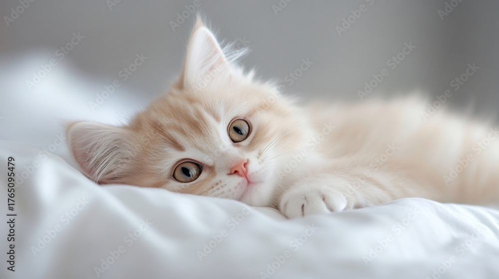 Obraz premium Fluffy kitten resting on a bed looking at camera