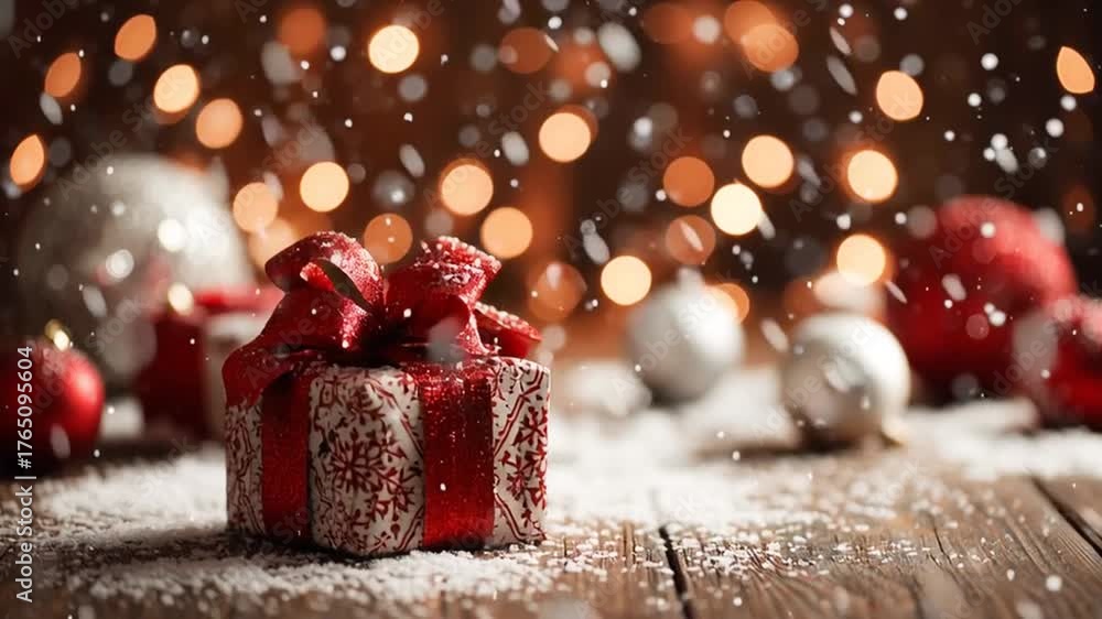 Escena navideña íntima con regalo envuelto, iluminación cálida y elementos decorativos tradicionales en un ambiente acogedor. Caja de regalo de madera, atada con cuerda y etiqueta, rodeada de velas.