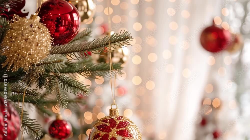 Árbol de Navidad adornado con adornos brillantes y elementos naturales, que evoca tradición, color y celebración.
Primer plano de un árbol de Navidad con adornos multicolores, piñas, ramas escarchadas