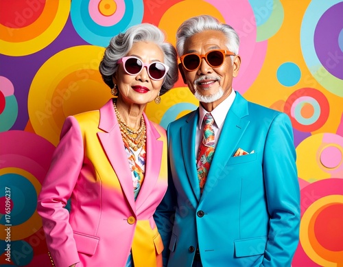 Colorful Senior Couple in Retro Hipster Fashion — Stylish Grandparents Against Vibrant Background