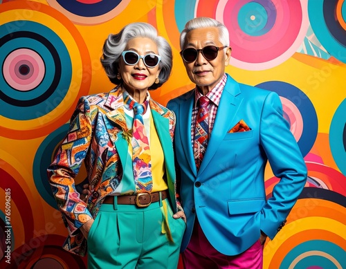 Colorful Senior Couple in Retro Hipster Fashion — Stylish Grandparents Against Vibrant Background