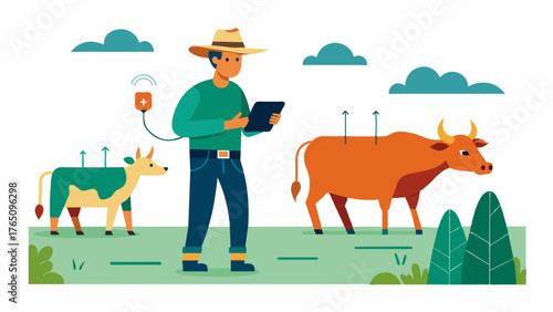 A farmer checks the activity levels of his cattle using an automated tracking tag ensuring they are getting enough exercise and not exhibiting any unusual behavior.. Vector illustration