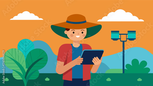 A farmer using a tablet to access and monitor their irrigation system from anywhere on their farm.. Vector illustration