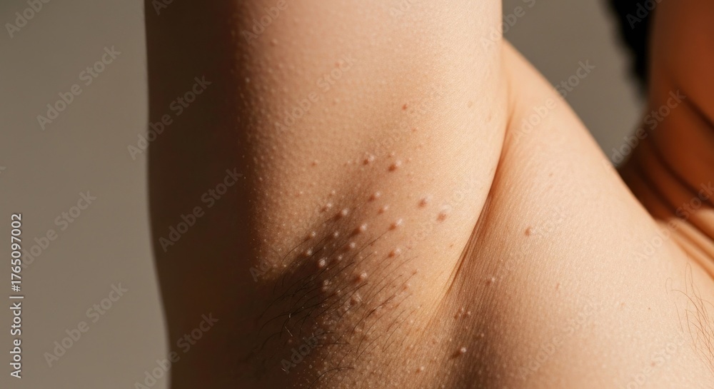 Fototapeta premium Close-up of an armpit with many small, light-colored bumps on the skin