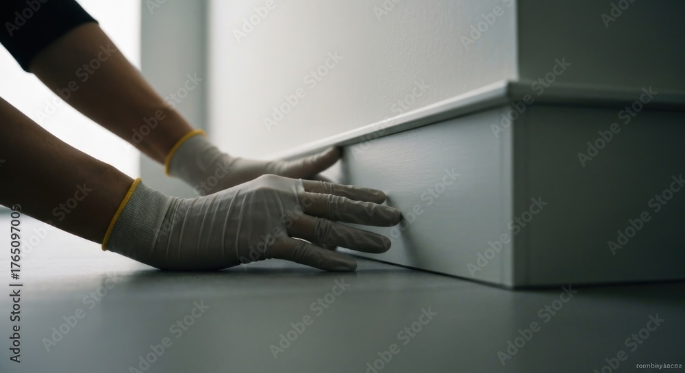 © mlangsen - Close-up of gloved hands examining a pristine white baseboard installation indoors