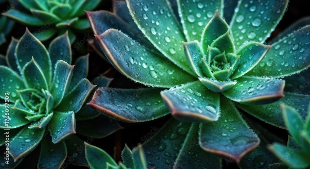 Obraz premium Close-up of fresh green succulents adorned with tiny glistening water droplets, nature