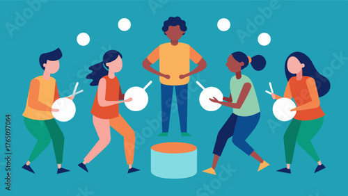 A group of individuals with ADHD participating in a drum circle increased focus and concentration achieved through the rhythmic movements and beats.. Vector illustration