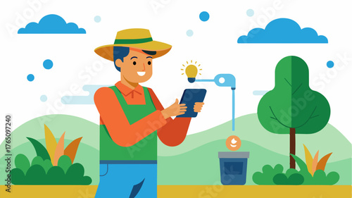 A farmer using a mobile app to check the realtime soil moisture levels in their crops adjusting irrigation accordingly and saving water.. Vector illustration