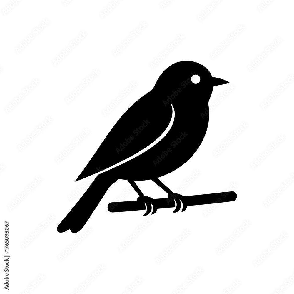 Fototapeta premium Black Silhouette of a Bird Perched on a Branch Isolated on White Background