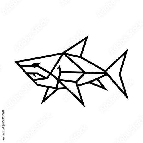 Modern geometric shark logo with a fierce expression, crafted from black polygonal lines in a minimalist style. An abstract vector predator fish icon