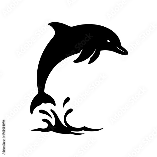 Sleek black silhouette vector of a dolphin leaping from water with dynamic splashes. This graphic embodies marine life, freedom, and ocean vitality, perfect for creative design projects and logos