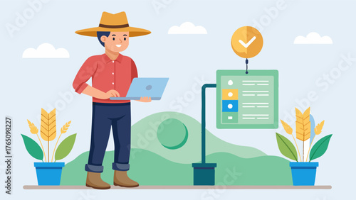A farmer uses crop water requirements data to determine optimal irrigation scheduling.. Vector illustration